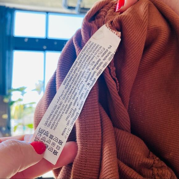 ZARA Ruched Short Ribbed Tee Shirt Side Tie Bodycon Mini Dress Rust Brown L - Picture 9 of 16